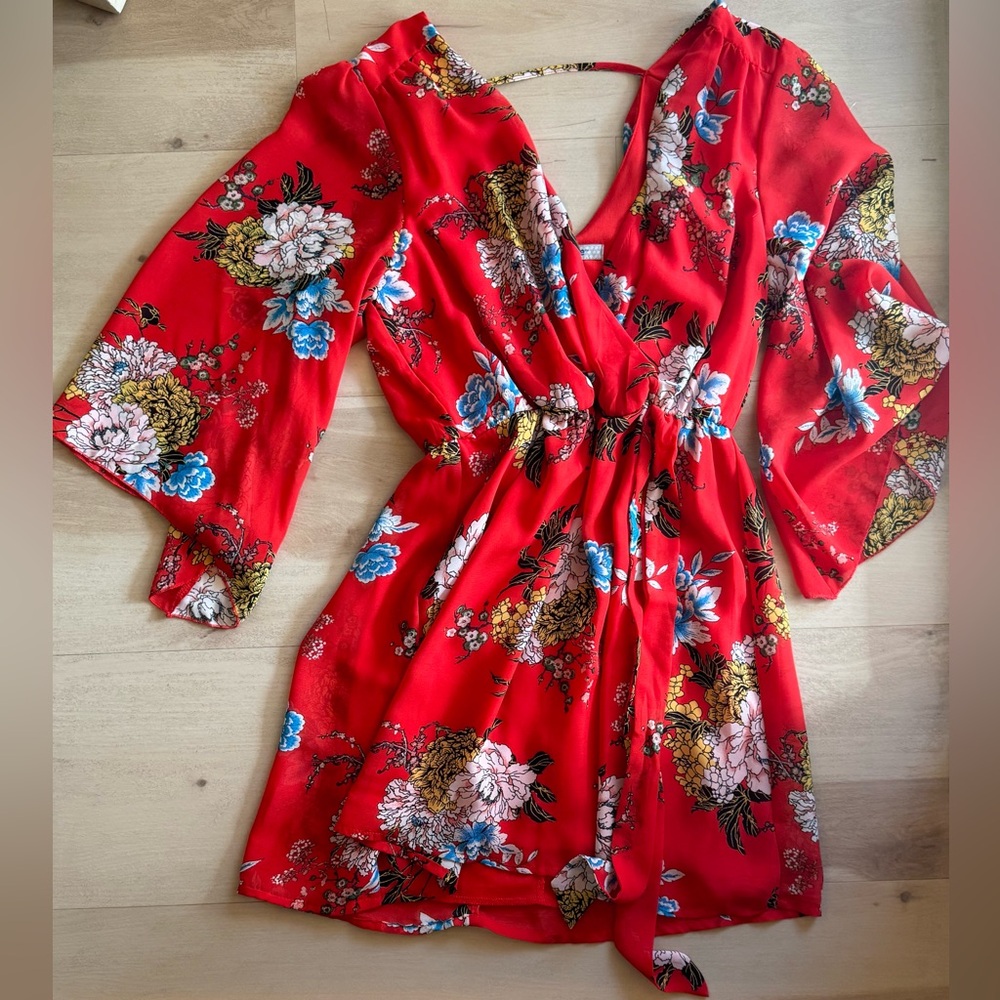 Red kimono inspired sleeve dress